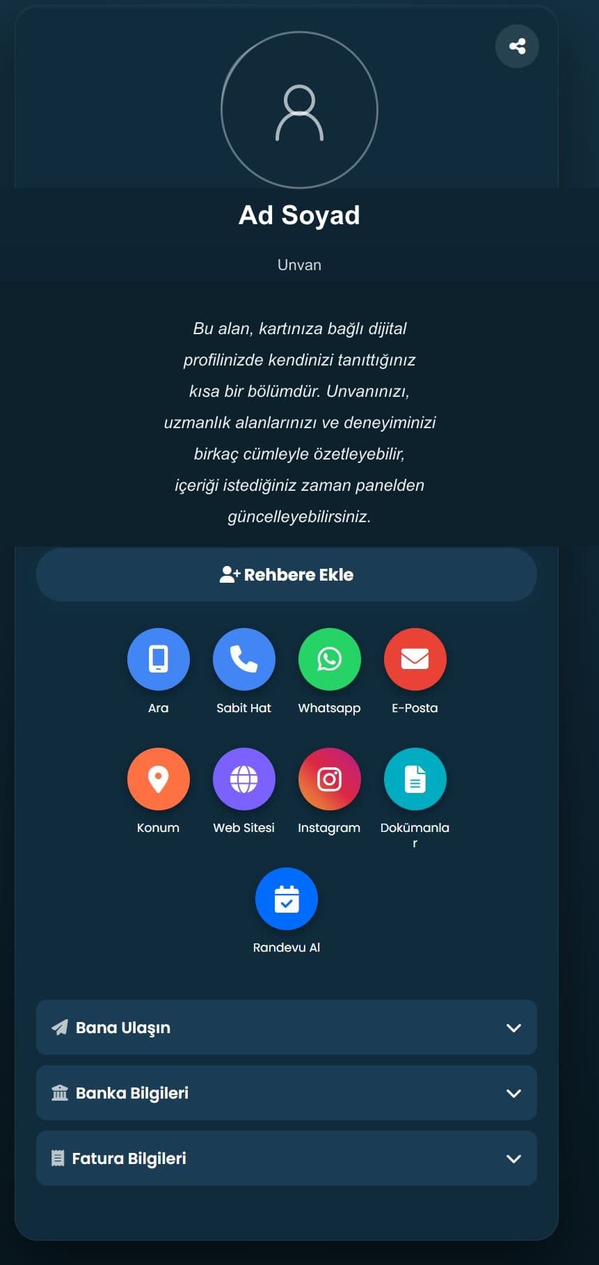 Örnek dijital kartvizit profil sayfası